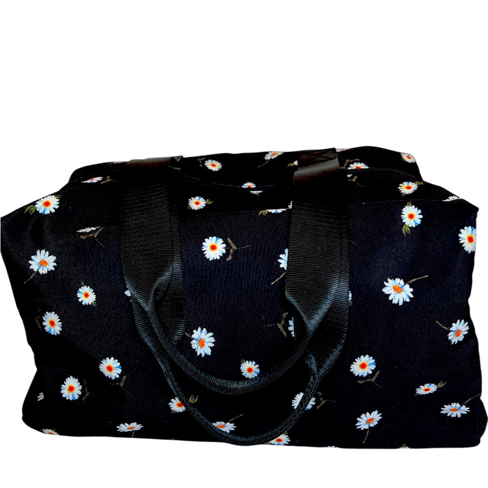 Stylish White Daisy Pattern on Black Travel Tote by Alice & Olivia—Stacey Bendet